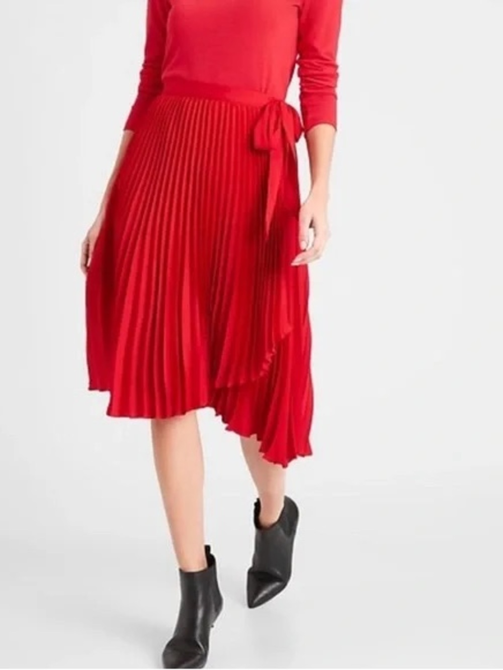 Banana Republic Red Pleated Midi Skirt with Side Tie Detail
